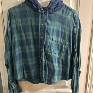 American Eagle Green and Blue Plaid Flannel with Hood